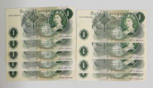 Nine Page Bank of England one pound notes includin