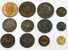 Twelve coins including an 1834 Irish farthing, an 1852 Quebec bank token penny, a 1795 Earl Howe & t