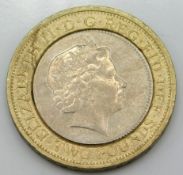 A two pound coin with offset wording
