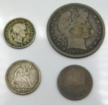 Two US dimes, 1878 & 1886, one US half dollar 1899