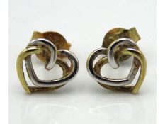 A pair of two colour 9ct gold heart earrings, 1g,