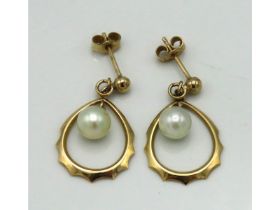 Pair of yellow metal earrings set with pearl, test electronically as 9ct gold, 24mm drop, 2.3g