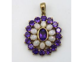 A 9ct gold amethyst & opal pendant, 30mm drop, 3.5