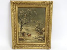 An oil of panel depicting winter landscape scene,
