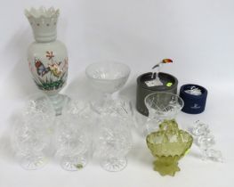 A Victorian glass bonbon, small chip, an opaline glass vase with enamelled butterfly decor, a set of