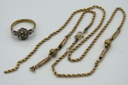 A 9ct gold chain a/f & ring set with paste, size J