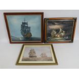 Two oil paintings depicting sail ships & one simil