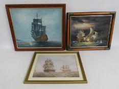 Two oil paintings depicting sail ships & one simil