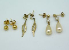 Three pairs of 9ct gold mounted earrings, 2.8g inc