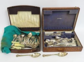 Two oak canteens with mixed silver plate including