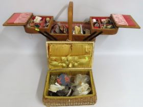 A folding sewing work box twinned with a basket of