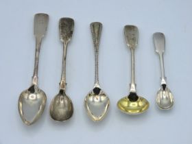 An 1854 Exeter silver master salt with gilded bowl by John Stone, one other 1860 Exeter silver spoon