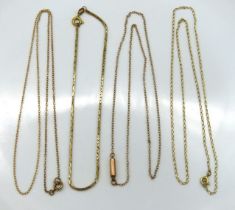 Three 9ct gold marked necklaces & bracelet twinned