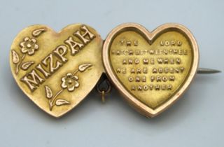 A 9ct gold Mizpah brooch with motto, repaired, 31m