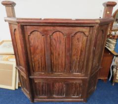 A pitch pine & veneered church pulpit, some veneer has bowed & other faults, a/f, 1685mm high x 1700