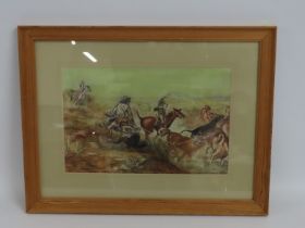 Maureen E. Airey, Cornwall, a pastel painting depicting Western scene including cattle & men on hor