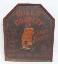 A wooden advertising sign 'Mills Novelty Gaming Ma