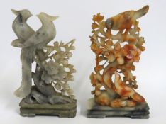 Two carved Chinese soapstone bird figure groups, 2
