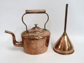 A Georgian copper kettle twinned with copper funne