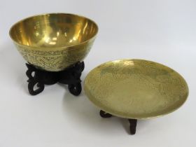Two early 20thC. Chinese brass bowls with dragon d