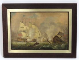 A fine oil on panel of 1787 French Armada in Battl