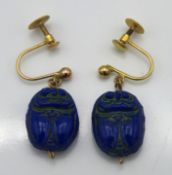 A pair of 9ct gold mounted scarab beetle earrings,