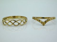 A 9ct Celtic style ring size P twinned with a 9ct wishbone ring size N, 1.7g total