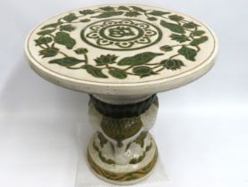 A ceramic stoneware style garden pedestal table wi