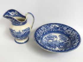 A 19thC. blue & white transferware wash basin & bo