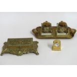 A brass art nouveau inkwell twinned with a brass s