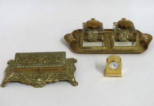A brass art nouveau inkwell twinned with a brass s