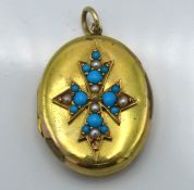 A 19thC. yellow metal locket set with turquoise &
