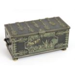 A cast bronze style box with embossed mottos in Da