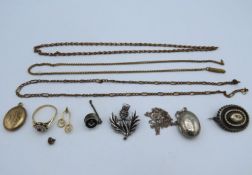 A quantity of silver & gold plated items including a Scottish thistle & a yellow metal ring (not gol