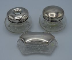 Three silver topped dressing table jars, silver weight 43.99g