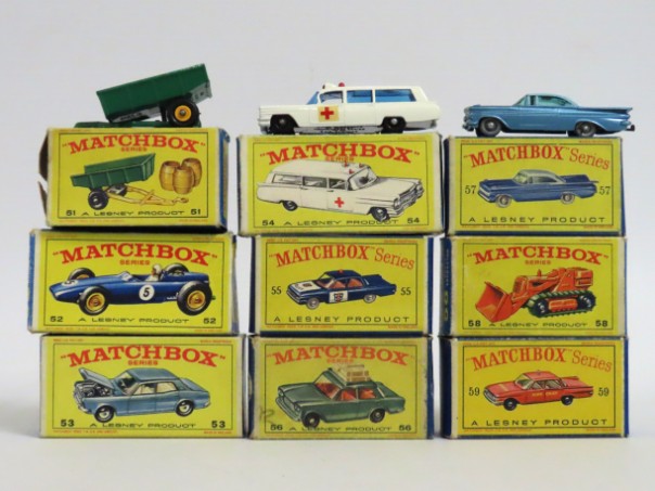 Nine boxed Lesney Matchbox Series diecast models nos. 51, 52, 53, 54, 55, 56, 57, 58 & 59. Fault to