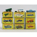 Nine boxed Lesney Matchbox Series diecast models nos. 51, 52, 53, 54, 55, 56, 57, 58 & 59. Fault to