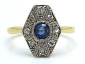 An art deco 18ct gold ring set with sapphire & dia