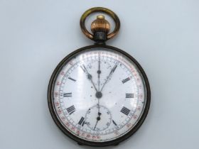 A steel chronograph pocket watch with outer early tachymeter track for racing and written 'Miles Per