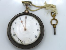 An 18thC. silver verge pocket watch with fusee movement & outer case, glass cracked, winds & runs, s