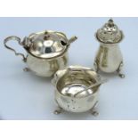 A matched three piece Sheffield silver condiment s