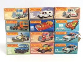 Twelve boxed Matchbox diecast models including Rol