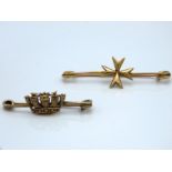 Two 9ct gold sweetheart style brooches, 35mm & 45m