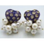 A pair of 18ct gold enamelled earrings set with ap