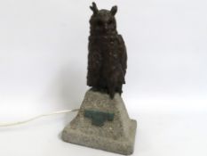 A bronze owl with back lit glass eyes set on a rec