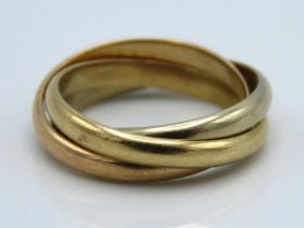 An 18ct three colour gold trinity ring, 4.5g, size