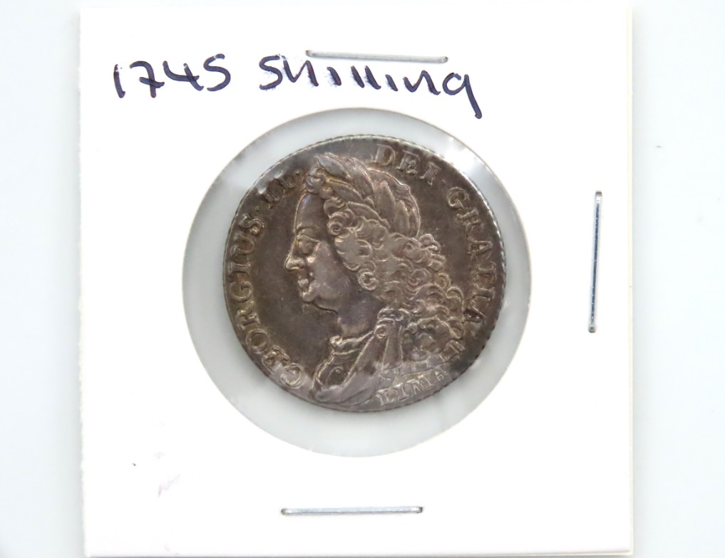 A 1745 George II silver shilling of high grade