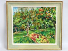 A framed 2018 Mary Martin oil on panel of orchard,