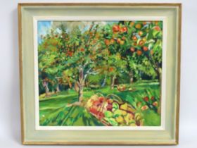 A framed 2018 Mary Martin oil on panel of orchard,