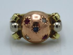 A 14ct three colour gold ring set with diamond, sa